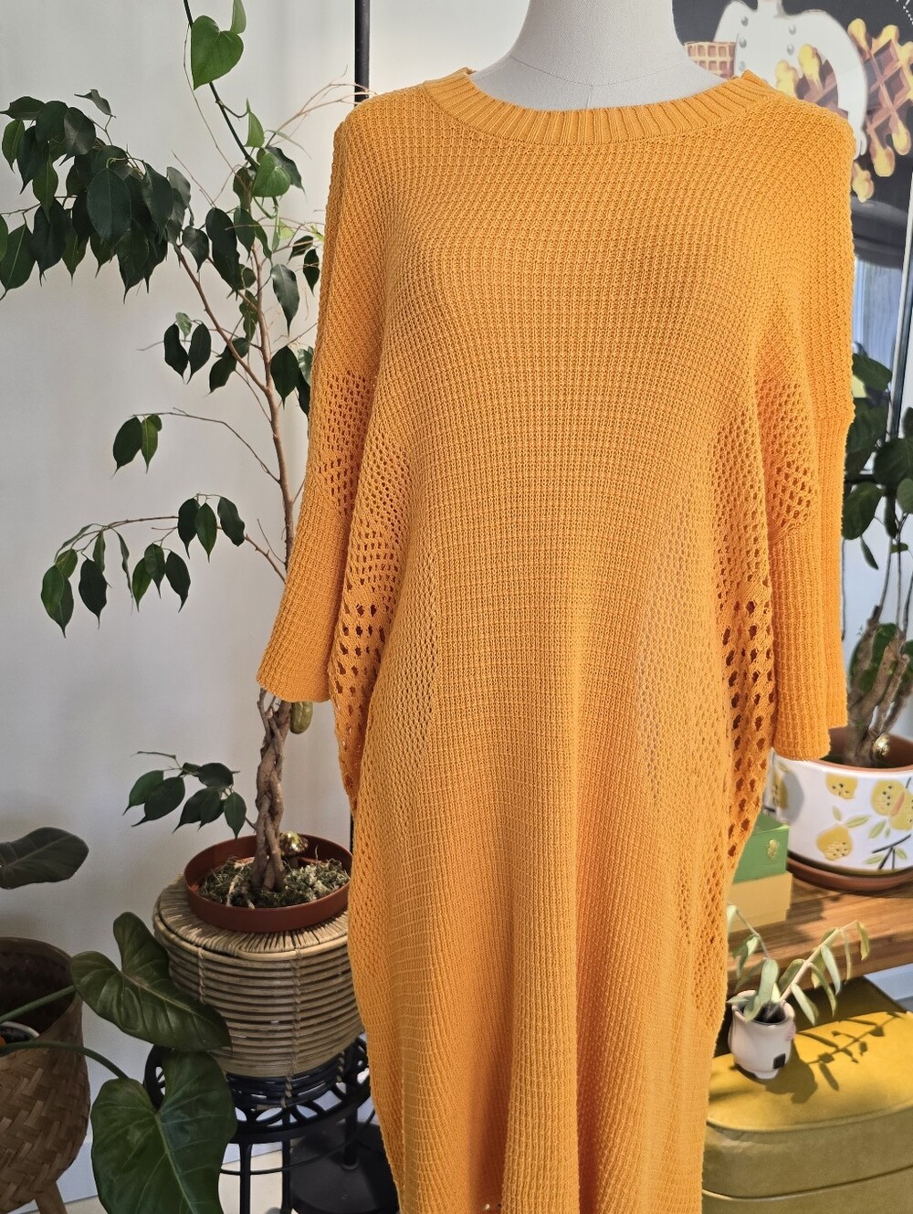 H&M Bright Orange Open Knit Beach Cover Up SweaterSl Size Medium Resort Boho